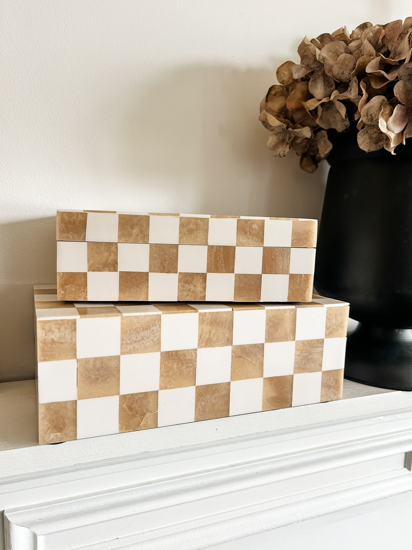 Checkered White & Wood Storage Boxes Assorted