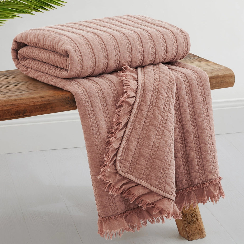 Dusty Rose Fringe Quilted Throw Blanket