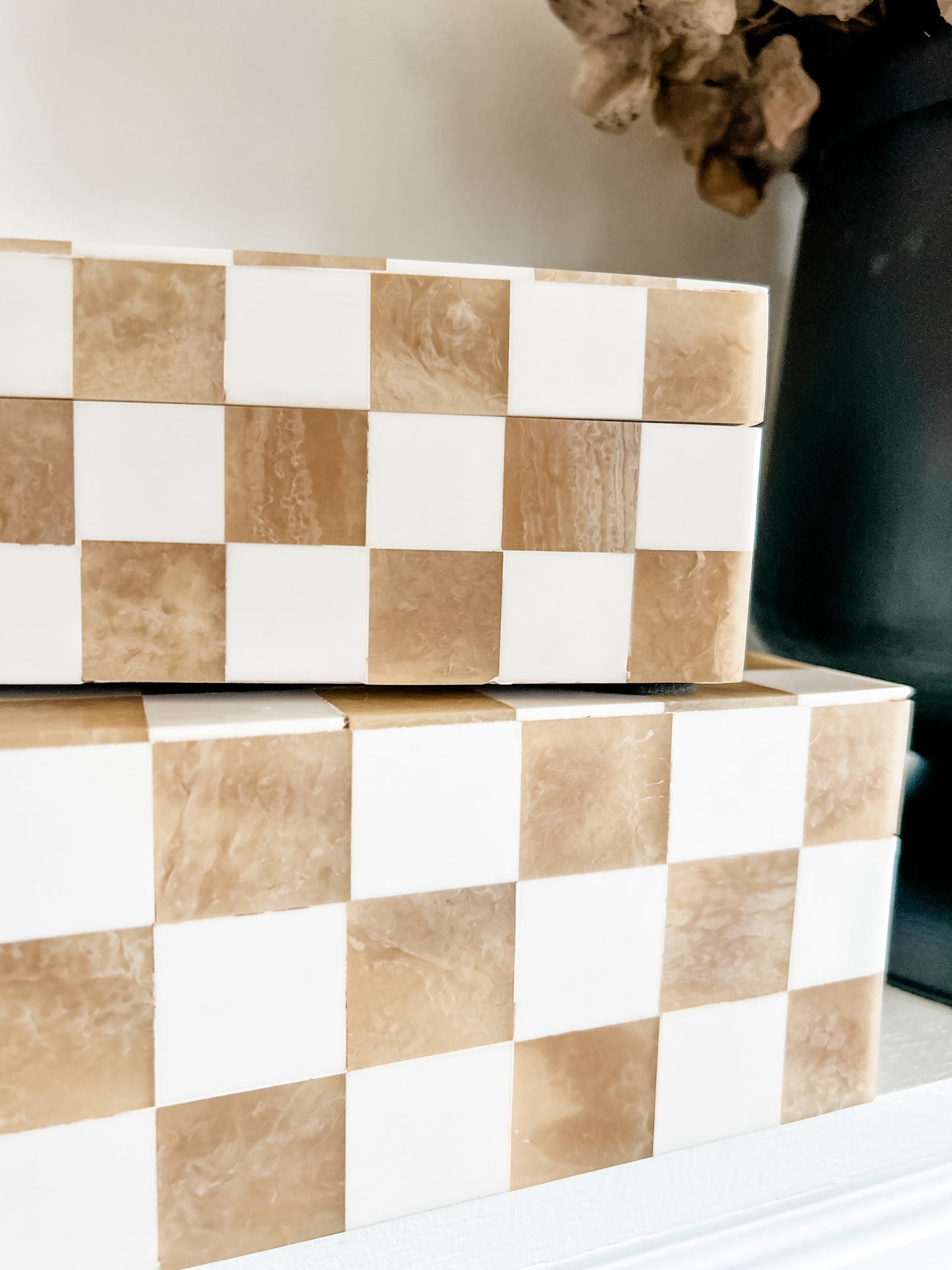 Checkered White & Wood Storage Boxes Assorted