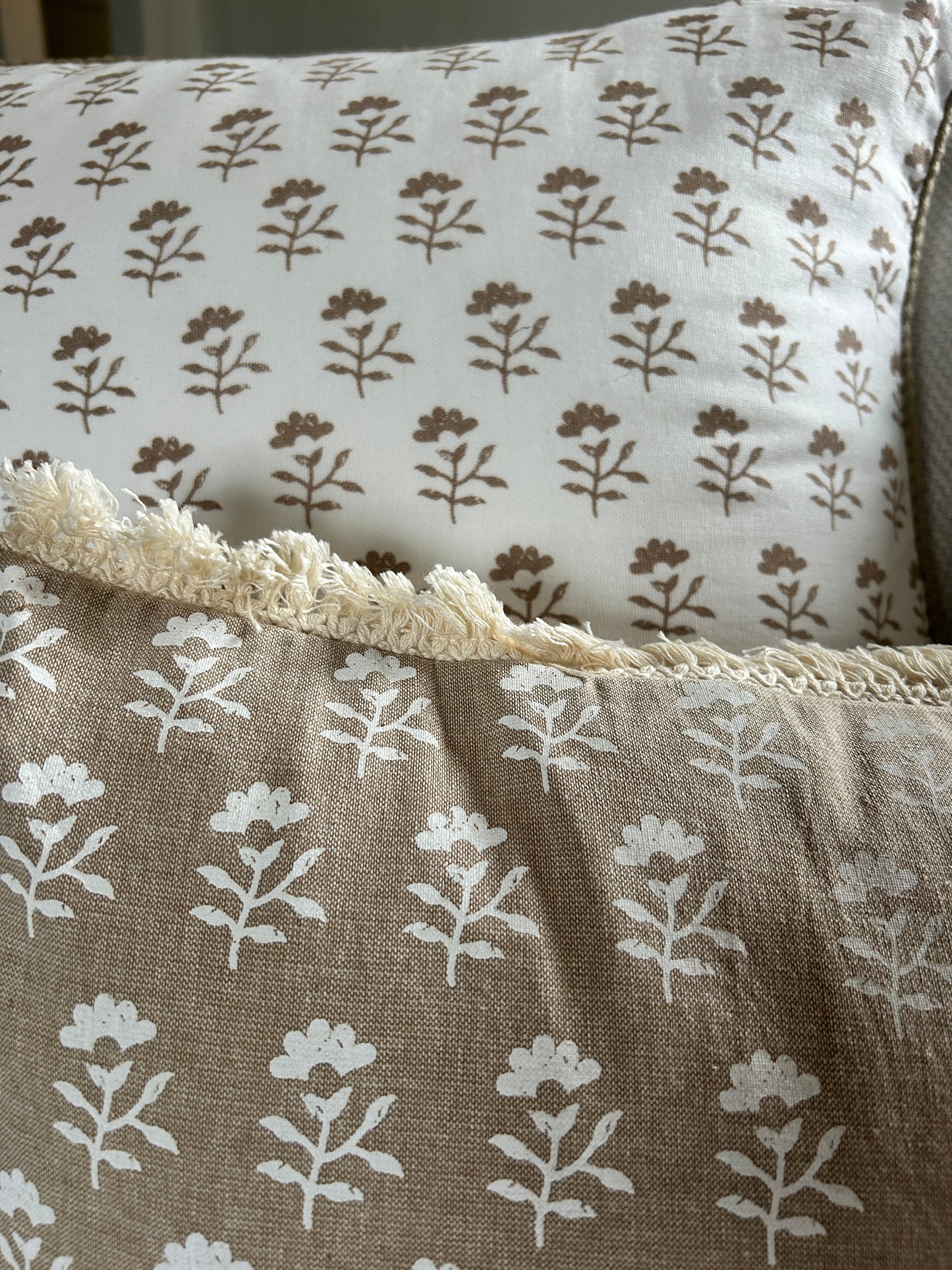 White & Beige Square Block Print Pillow with Jute Detail