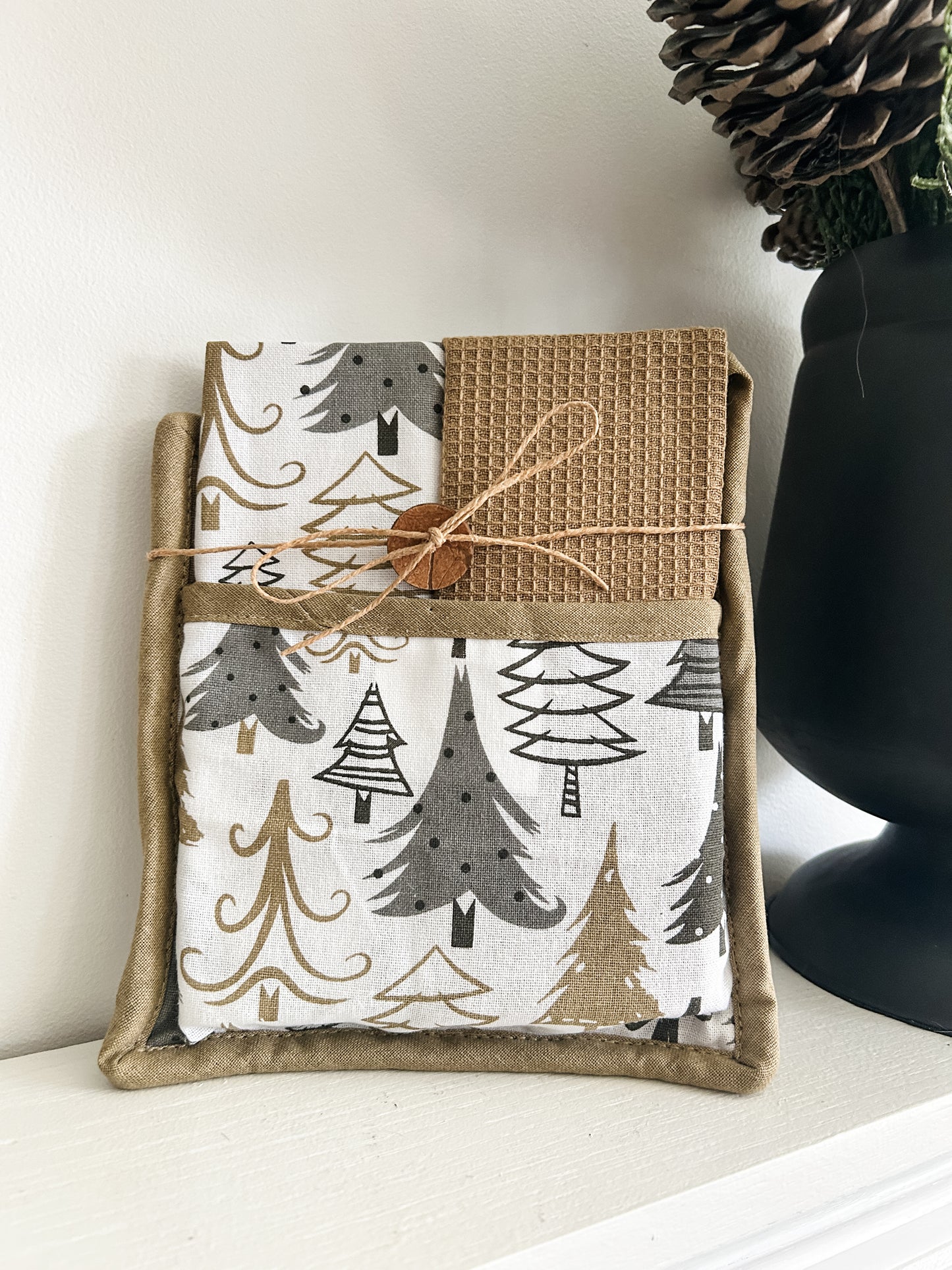 Gold & Silver Tree Tea Towel and Pot Holder Hostess Set