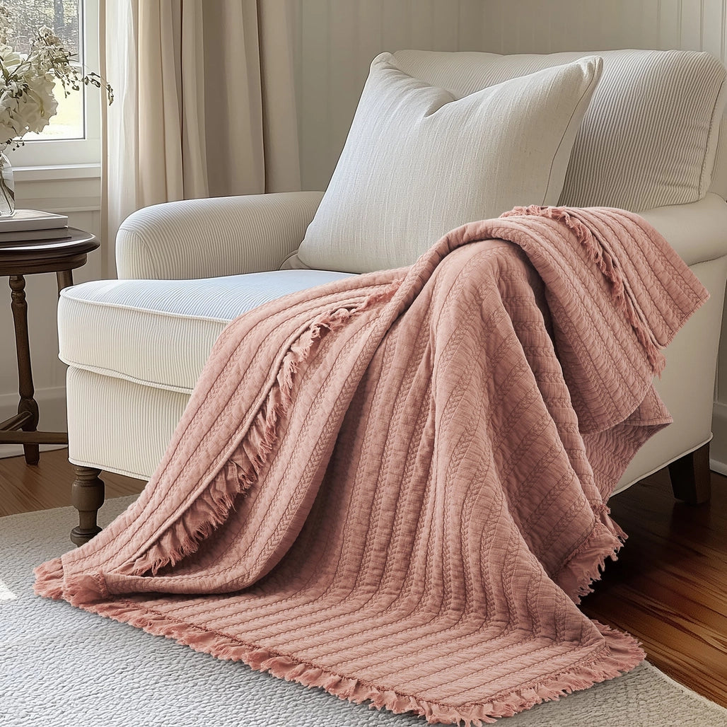 Dusty Rose Fringe Quilted Throw Blanket