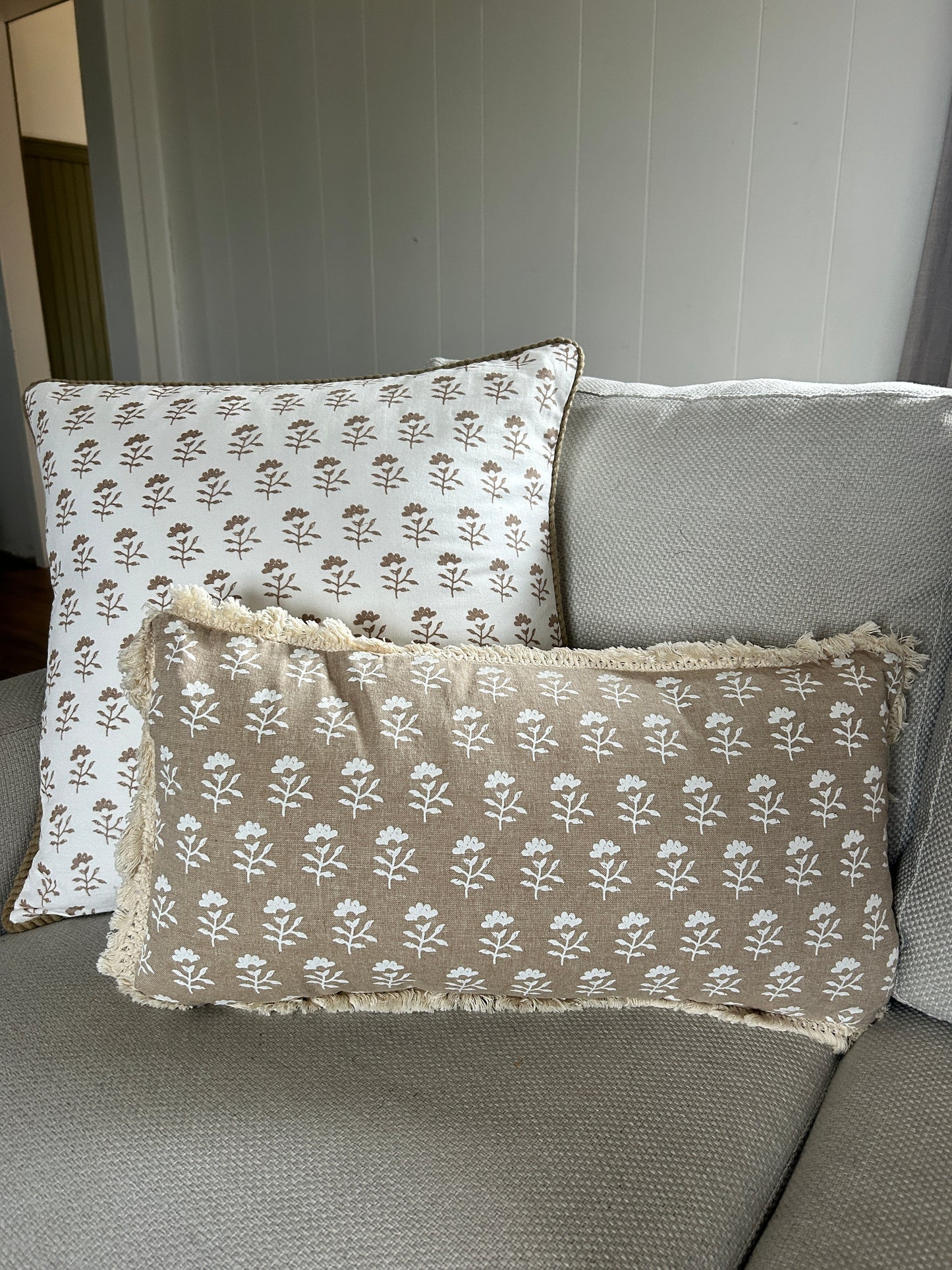 Taupe Block Print Lumbar with Fringe Detail