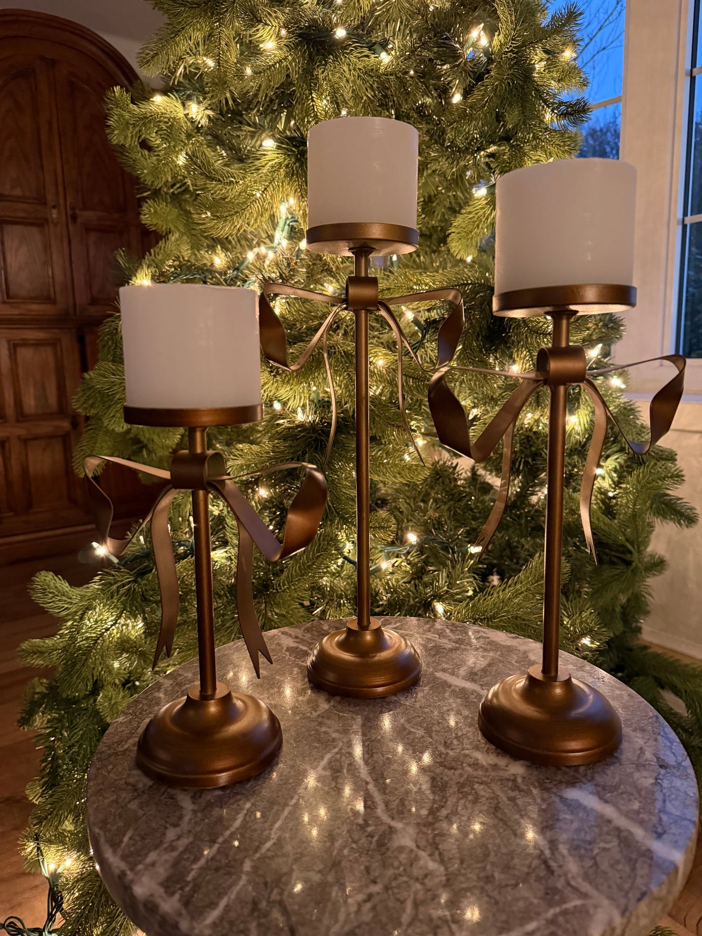 Antique Brass Bow Pillar Candle Holders Assorted