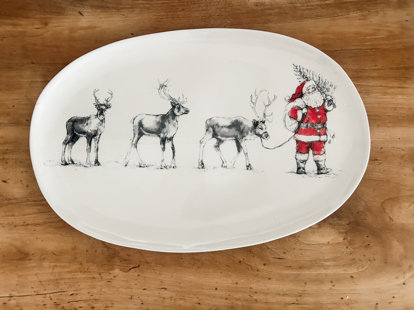 Santa Leading Reindeer Oval Tray
