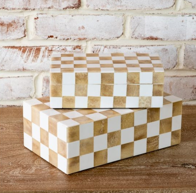 Checkered White & Wood Storage Boxes Assorted
