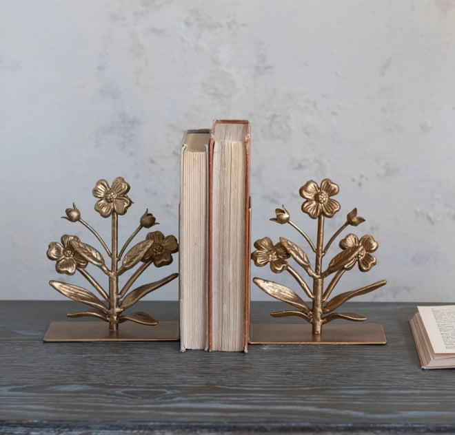 Gold Cast Iron Flower Bookend Set
