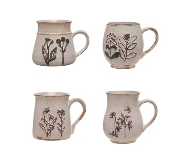 Debossed Stoneware Floral Mugs Assorted