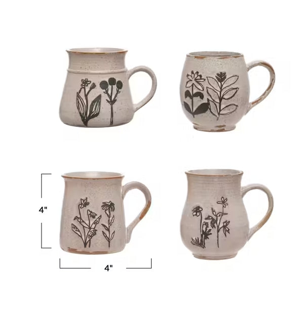 Debossed Stoneware Floral Mugs Assorted