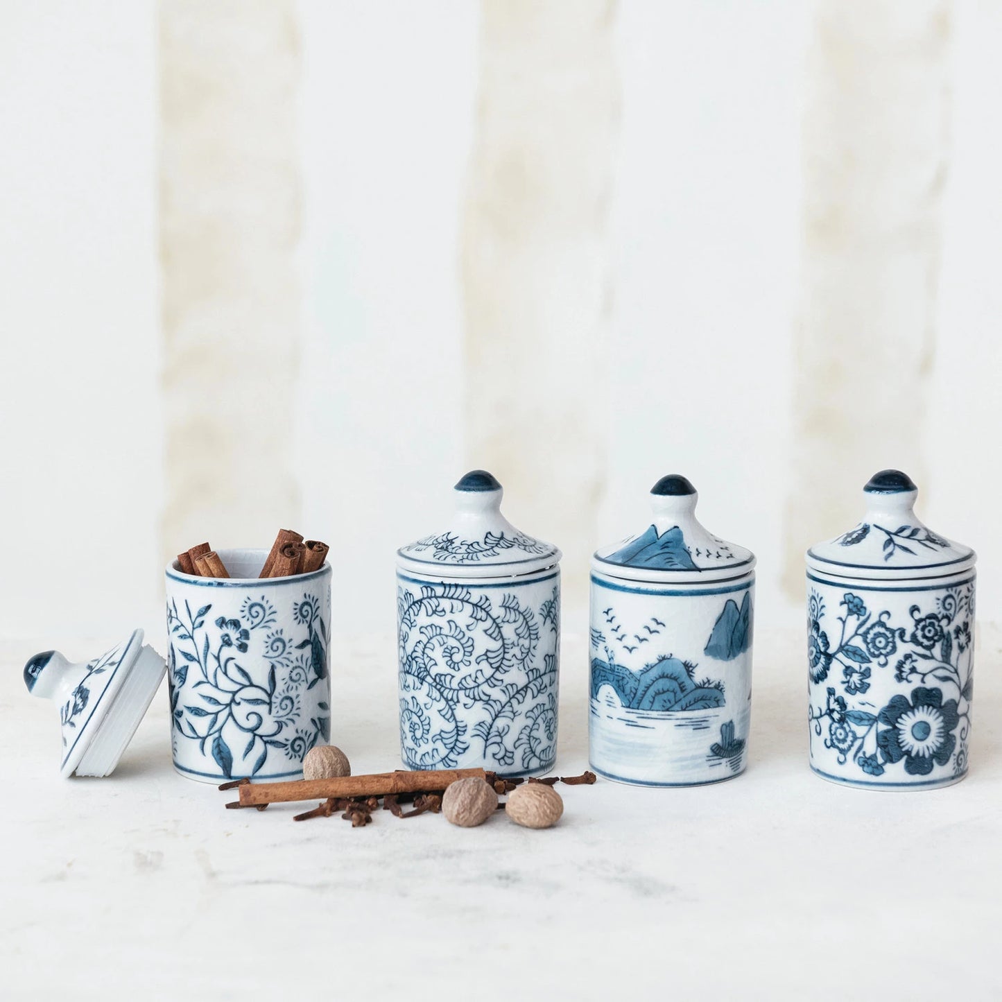 Hand Painted Mini Blue & White Floral Jars