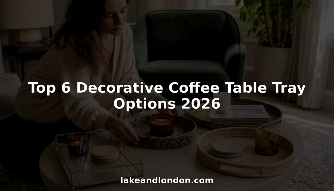 Woman arranging decorative coffee table trays in living room