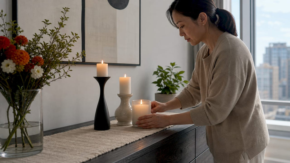 Woman arranging stylish candle holders on dining table