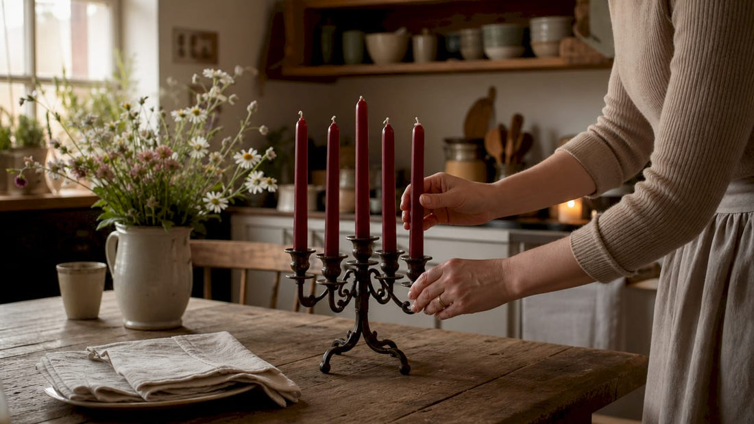 Five burgundy taper candles on rustic table arrangement