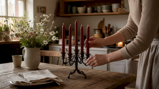 Five burgundy taper candles on rustic table arrangement