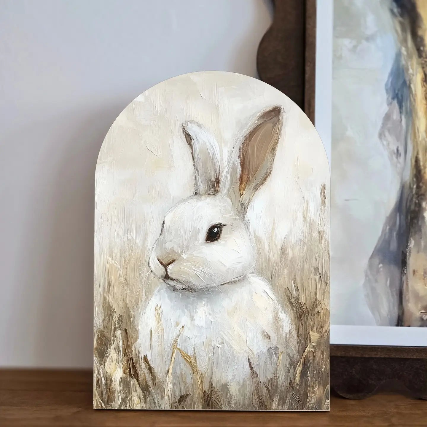 White Bunny Arch Art with Brown Stand