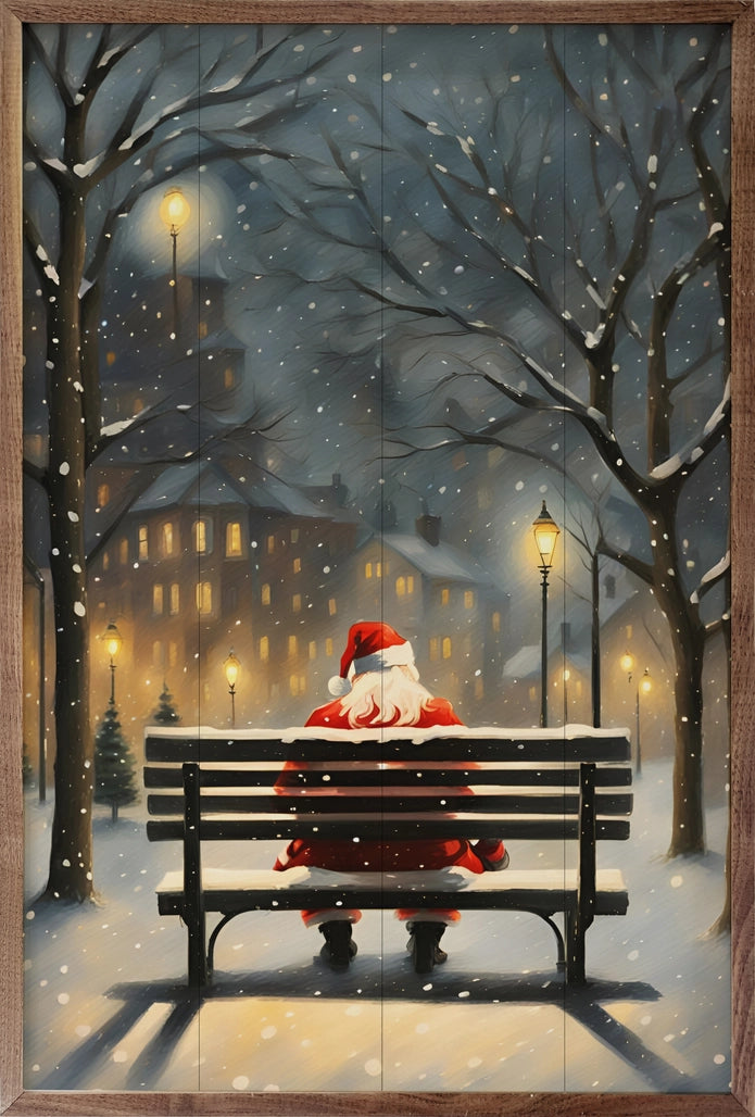 Santa On A City Bench Wood Art- 16" x 10"