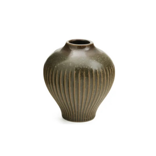 Ribbed Olive & Brown Porcelain Bud Vase