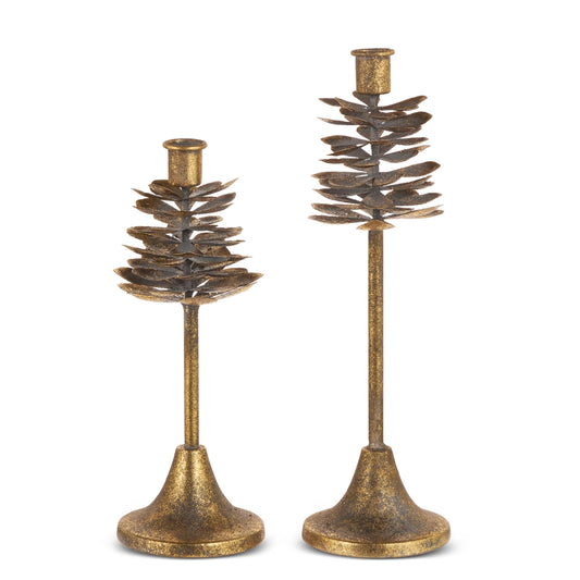 Antiqued Gold Pinecone Taper Candle Holder-Set of 2
