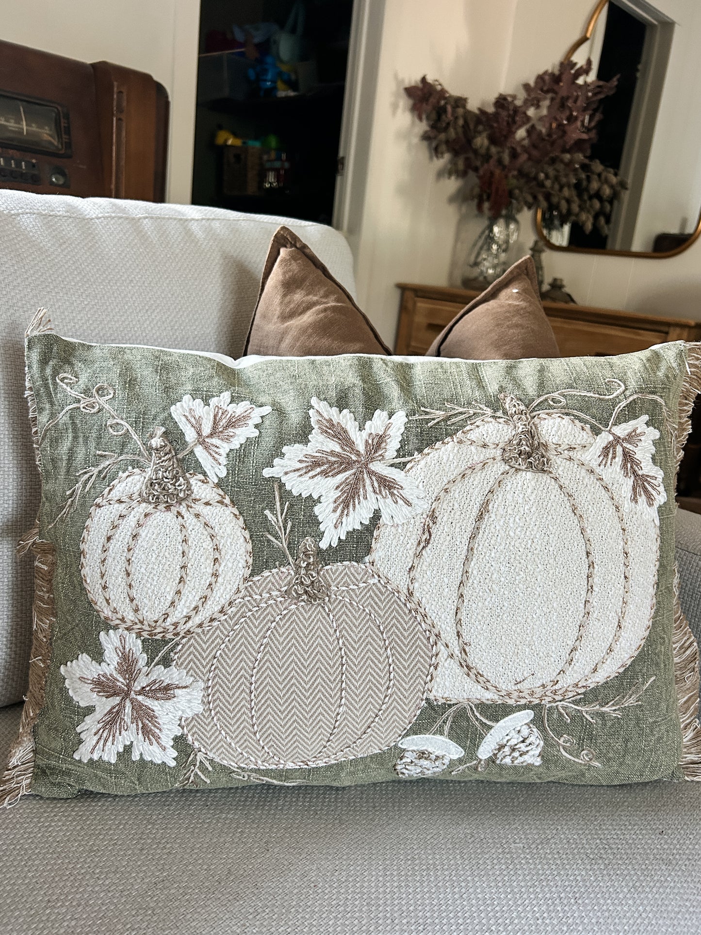 Green Embroidered Lumbar Pumpkin Pillow