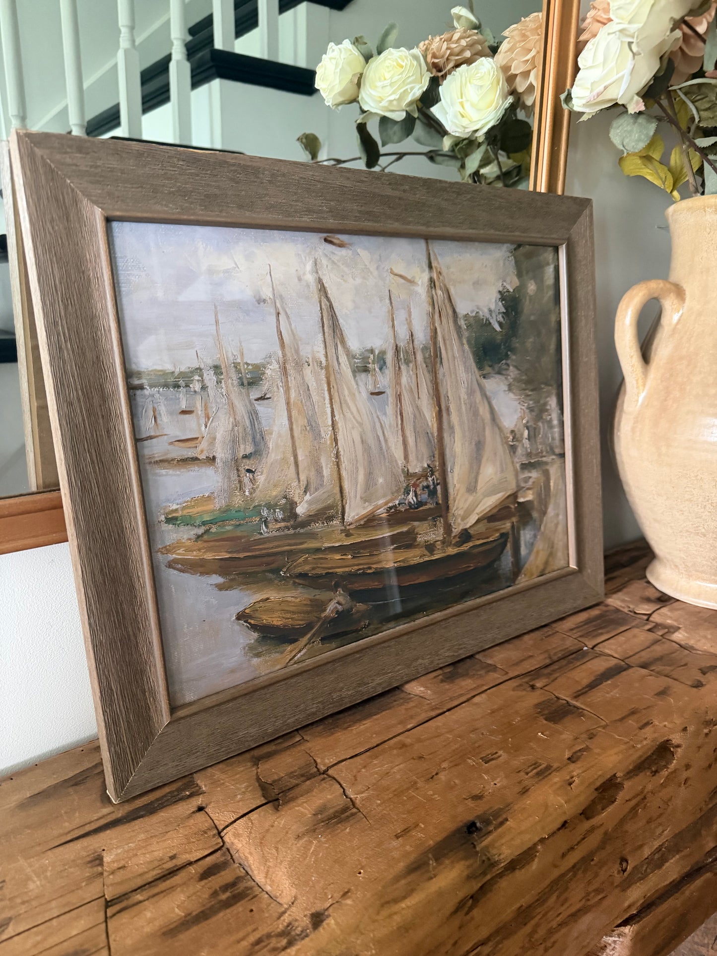 Vintage Docked Sailboats Painting Framed- 16" X 12"