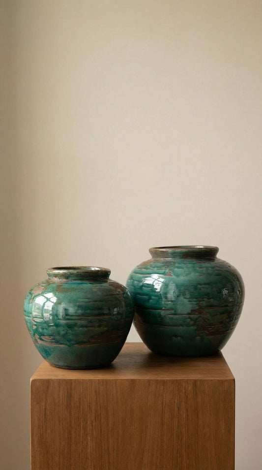 Ceramic Vase, Vintage Style, Emerald Crackle - Selva: Large