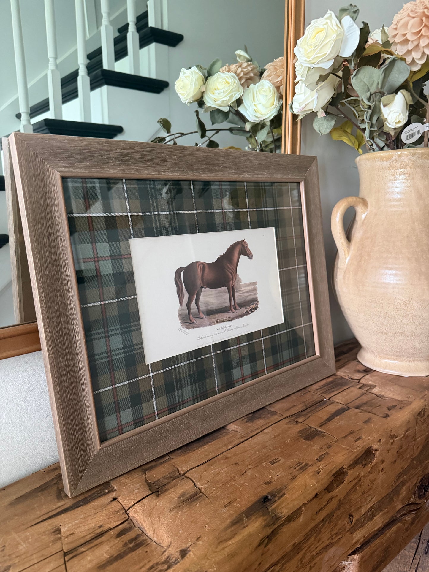 Vintage Horse Brown & Green Tartan Matted Artwork- 16" X 12"
