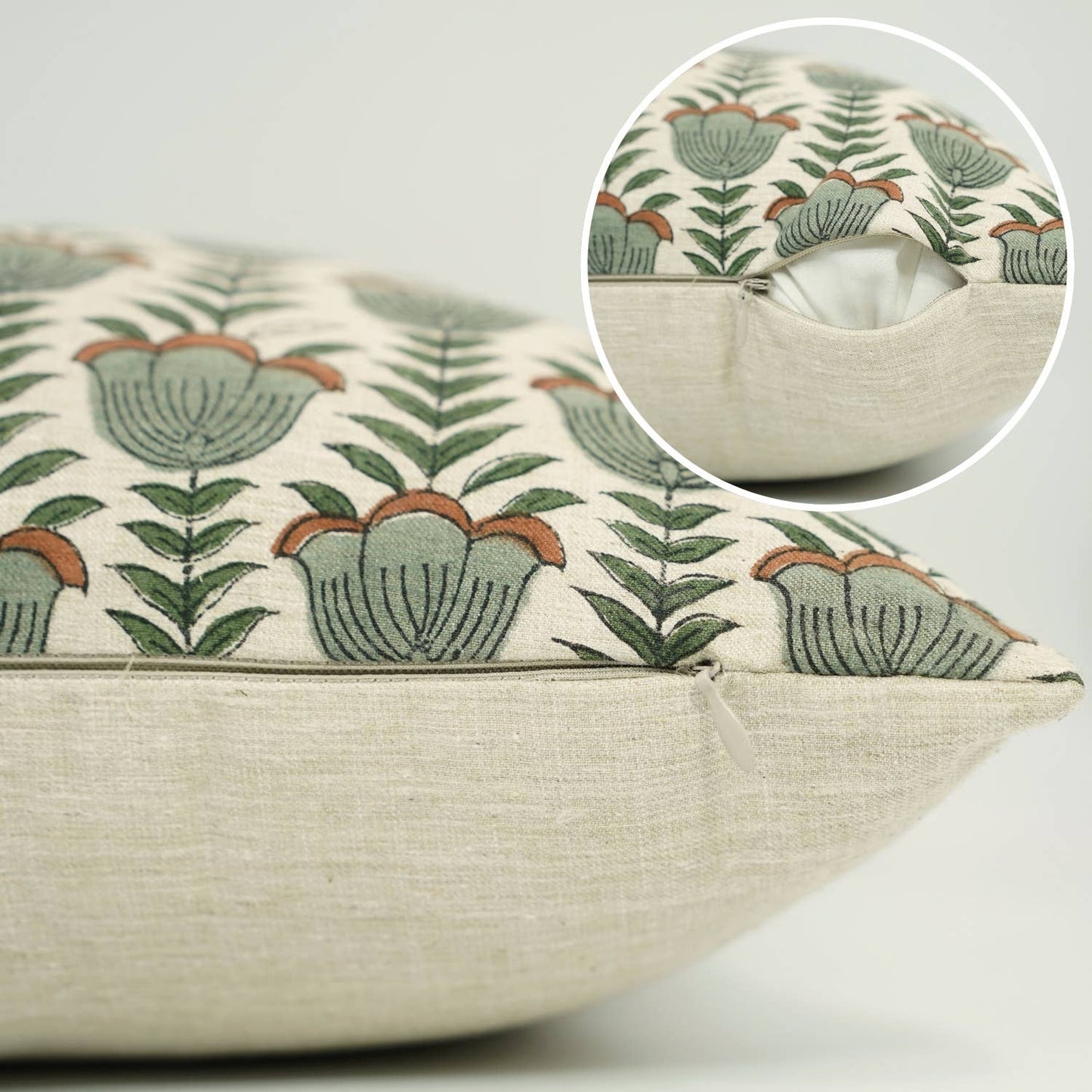 Tulipa Block Print Linen Blend Pillow Cover -18X18