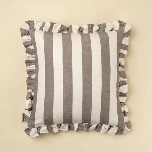 Thick Grey Stripe Ruffle Pillow