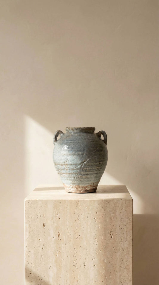 Ceramic Vase, Vintage Style, Blue with Handles - Calista