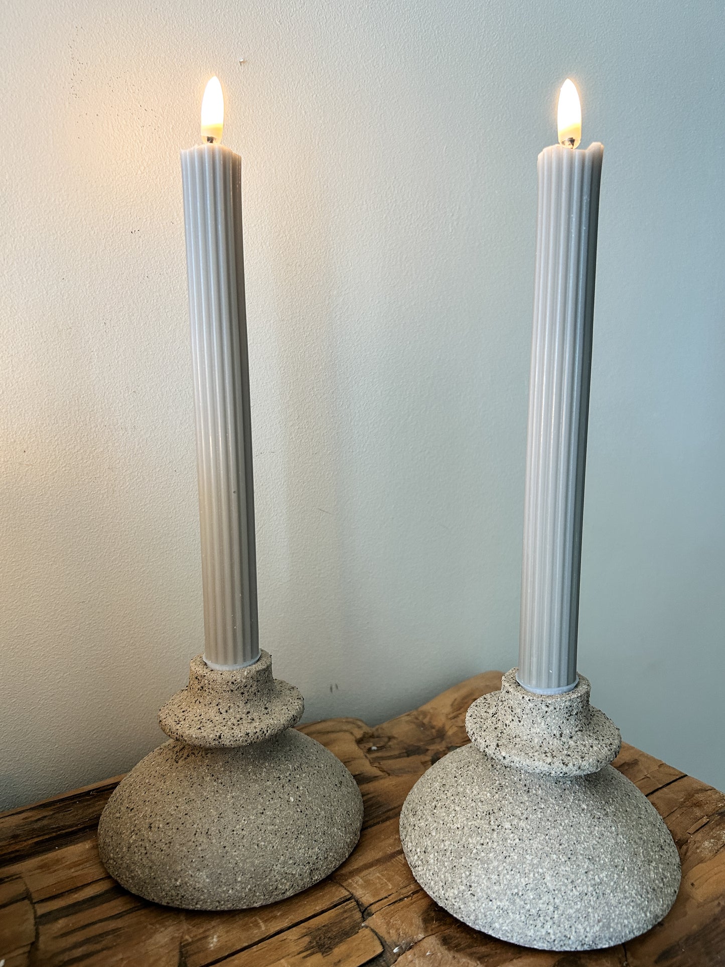 Grey Fluted Wax 10" Taper Battery Operated Set