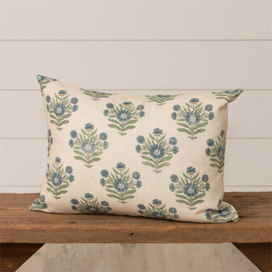 Blue, Green & Cream Block Print Lumbar Pillow