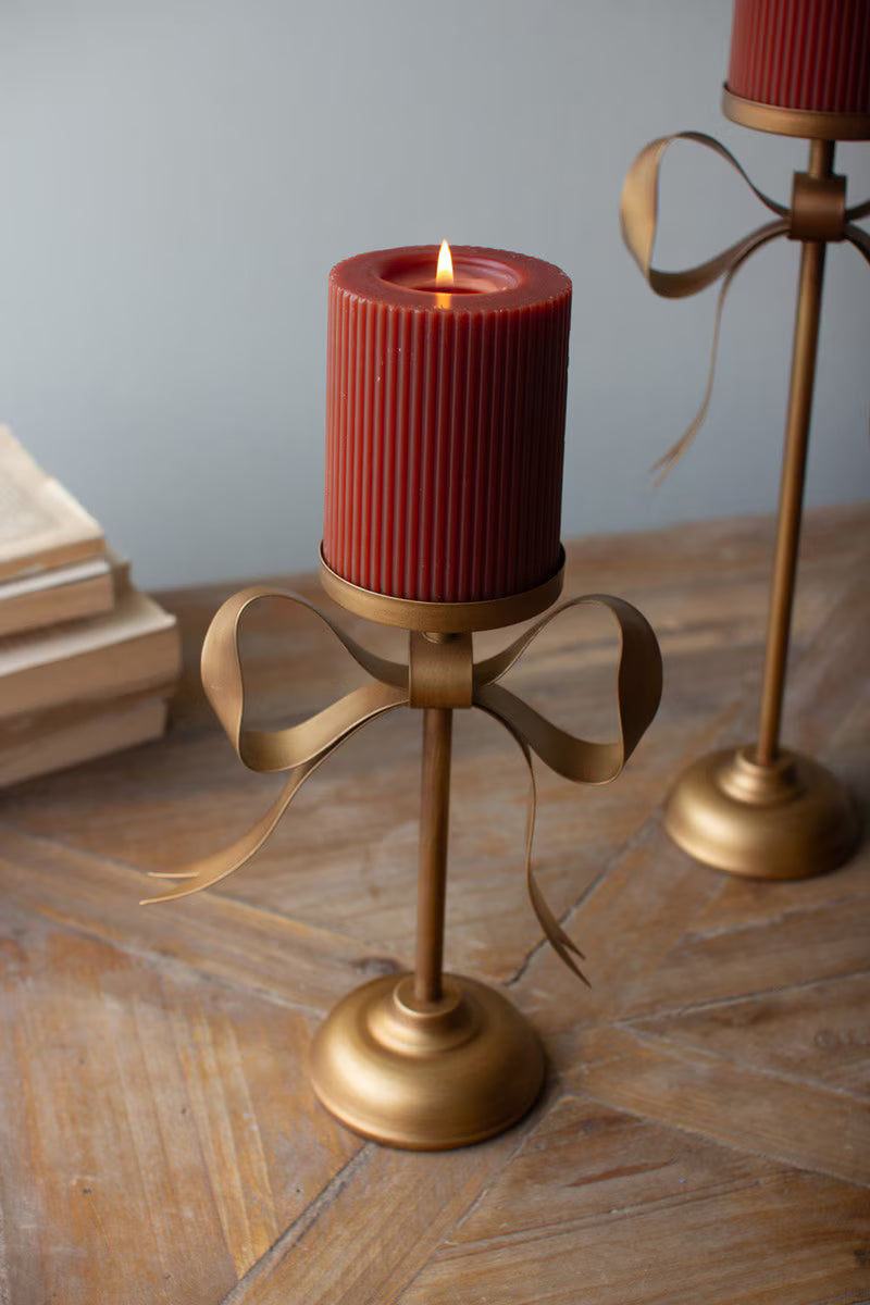 Antique Brass Bow Pillar Candle Holders Assorted