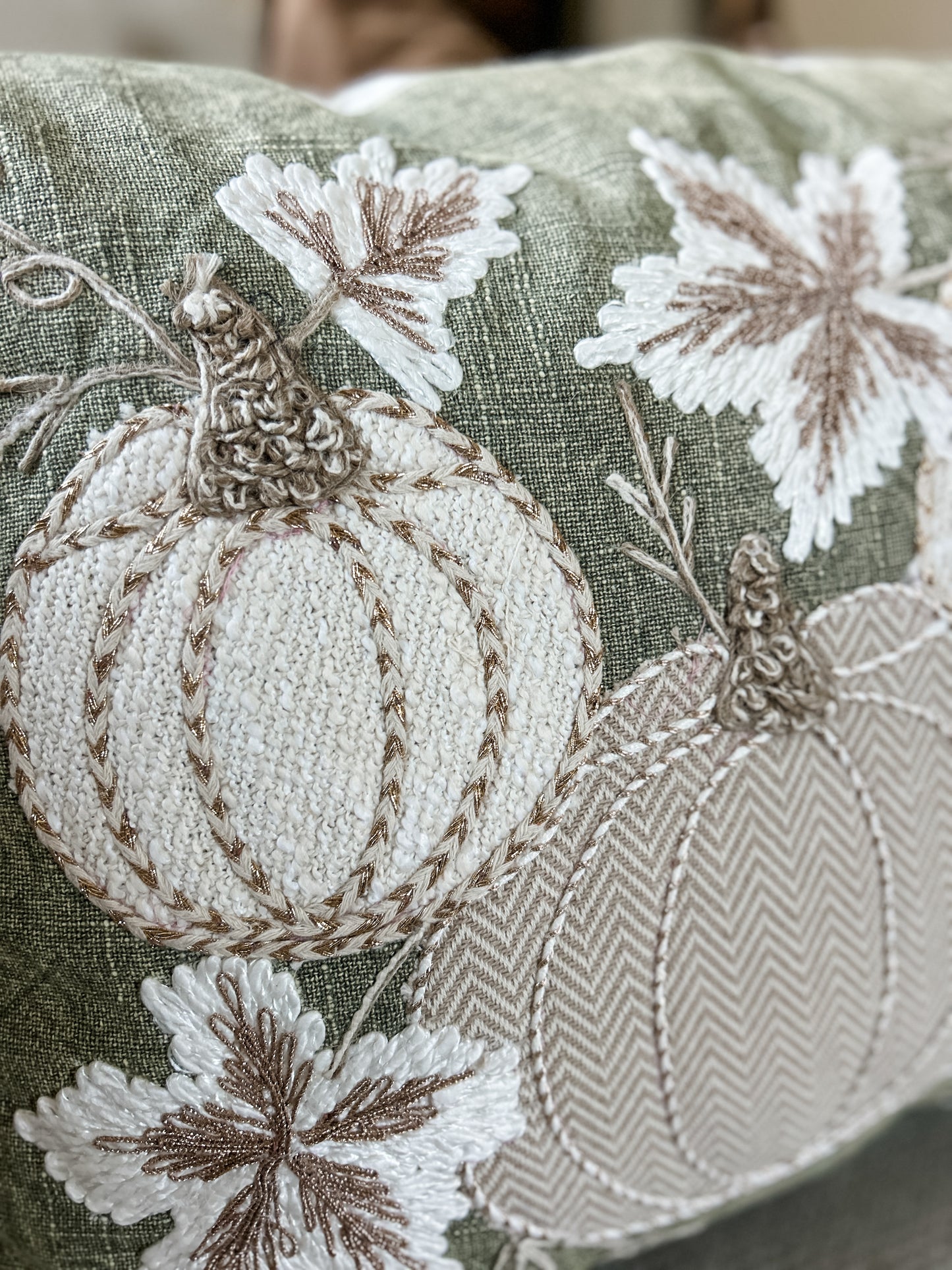 Green Embroidered Lumbar Pumpkin Pillow