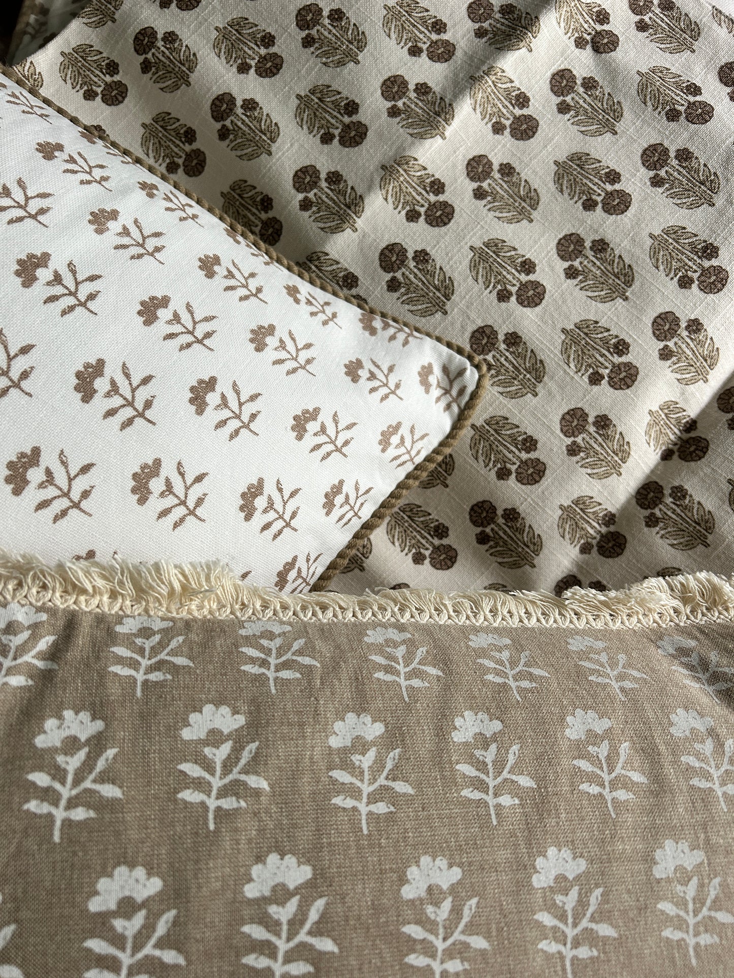 Taupe Block Print Lumbar with Fringe Detail
