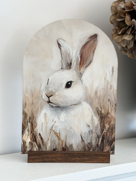 White Bunny Arch Art with Brown Stand