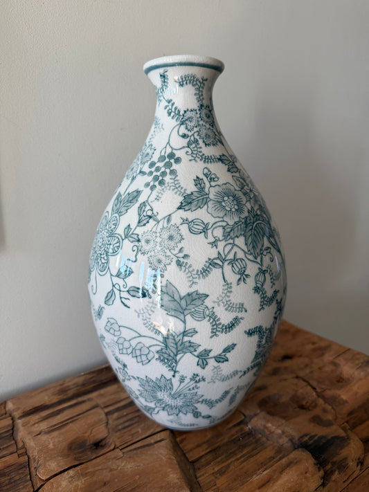 Bottle Neck Teal Chinoiserie Vase