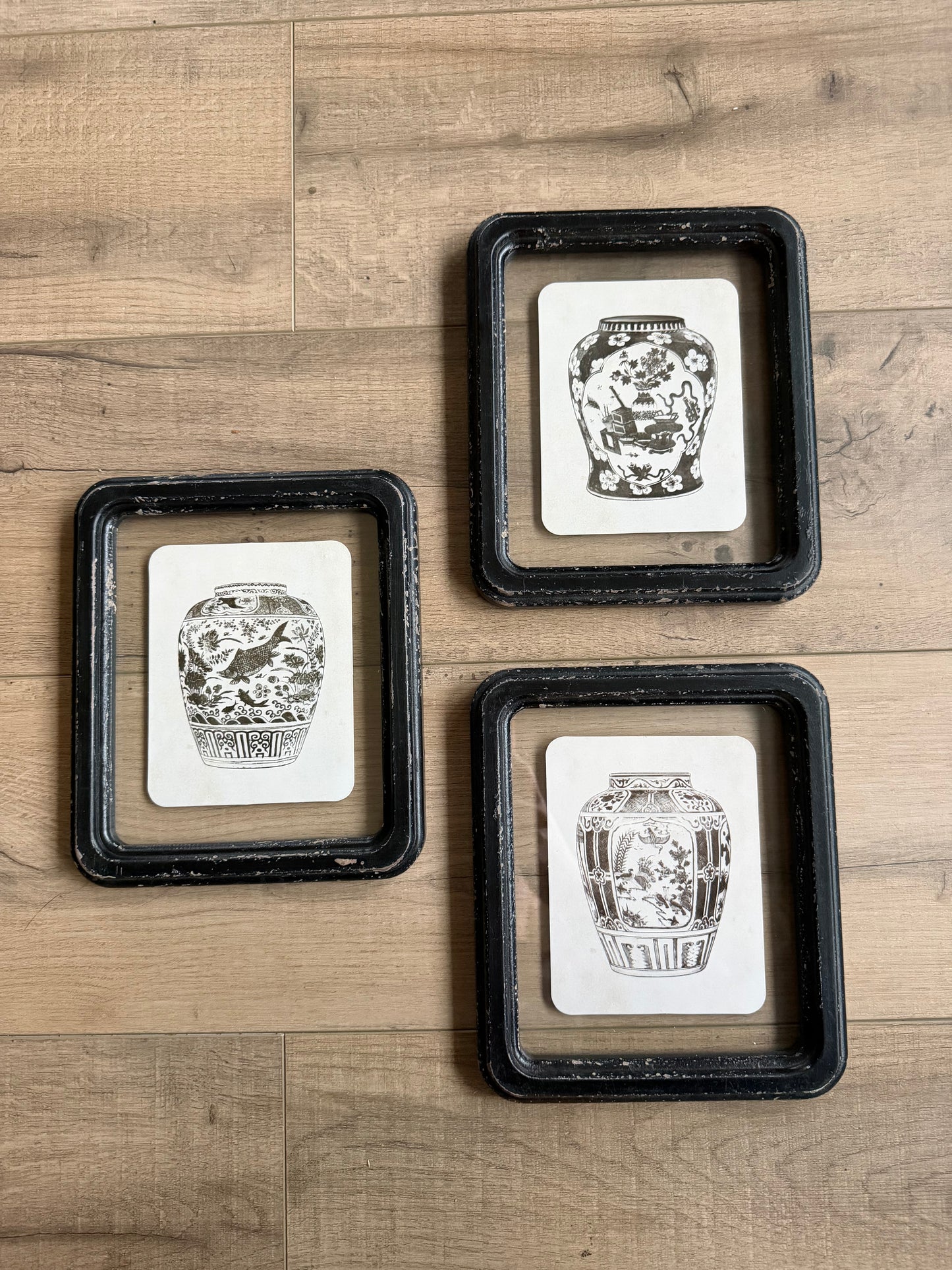 Floating Chinoiserie Vase Art in Distressed Black Frame- Assorted Style