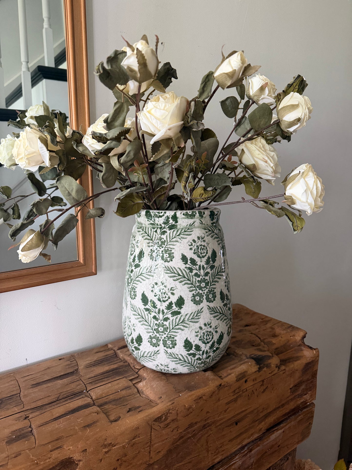 Vintage Inspired Green Floral Terracotta Vase