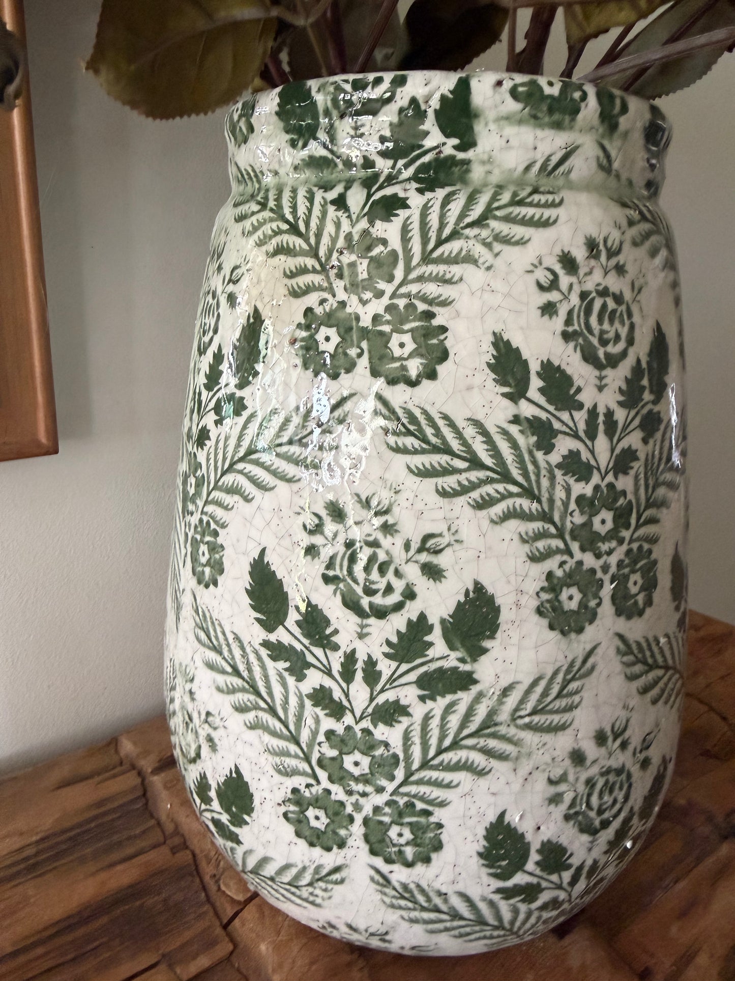 Vintage Inspired Green Floral Terracotta Vase