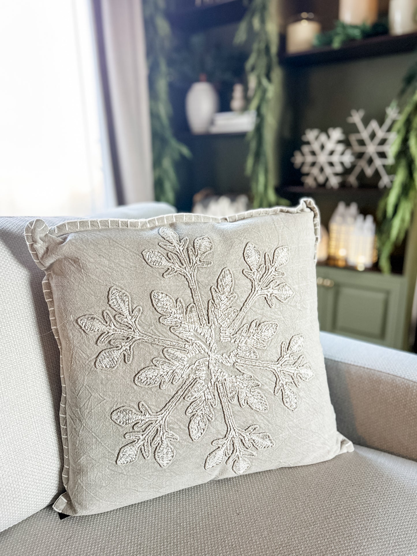 Neutral Embroidered Snowflake Pillow