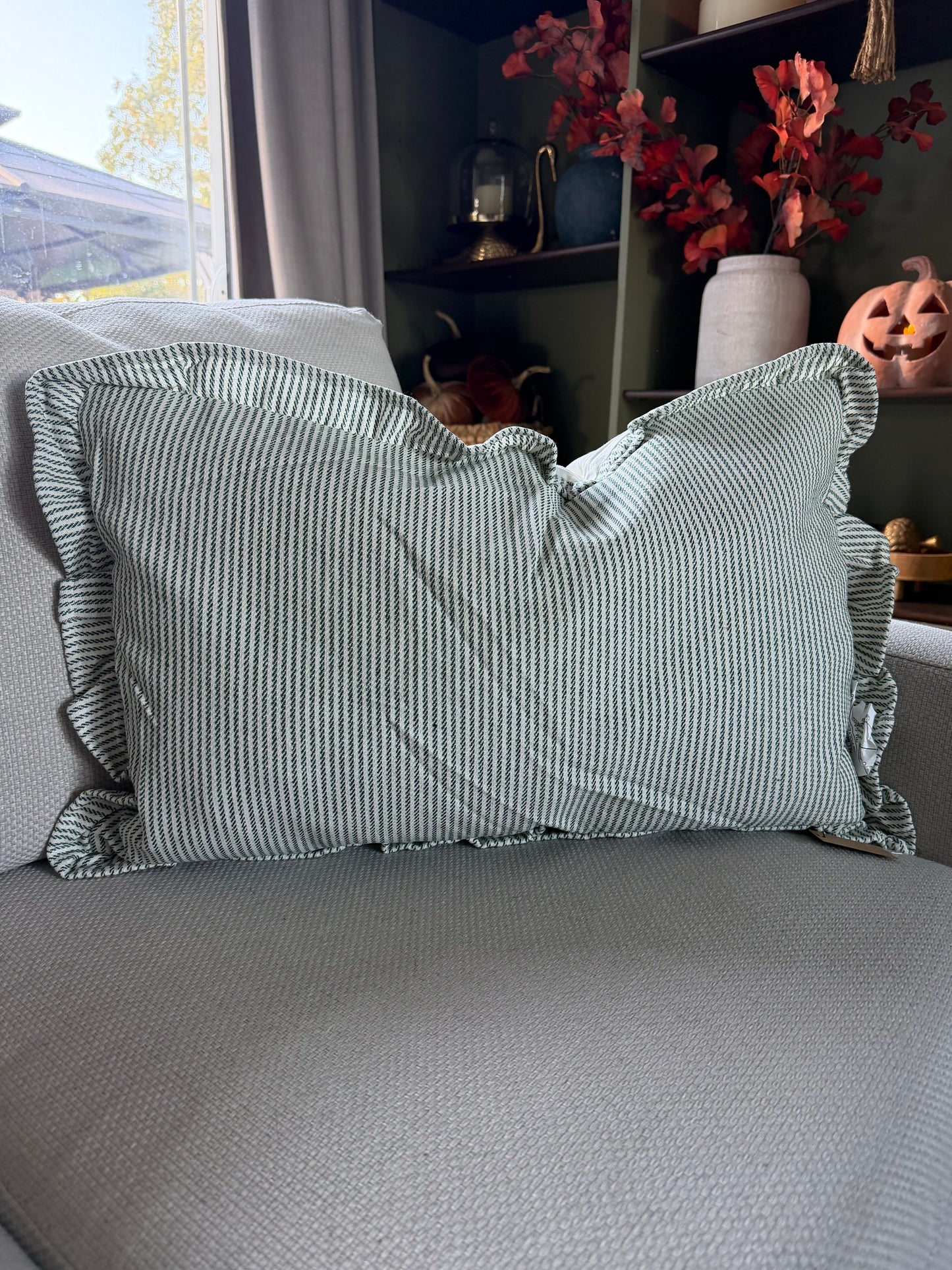 Green & Cream Ruffle Lumbar Pillow