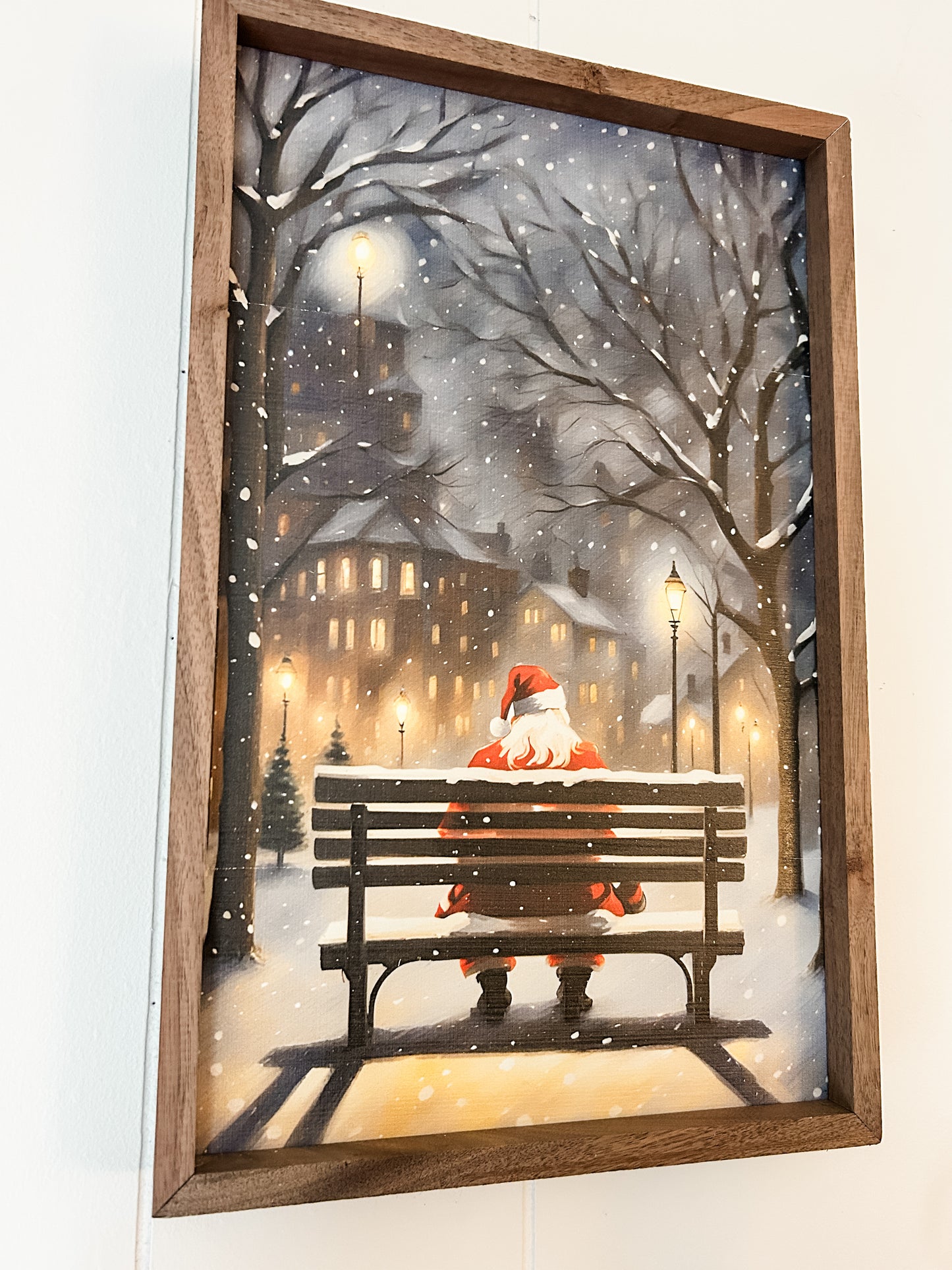 Santa On A City Bench Wood Art- 16" x 10"