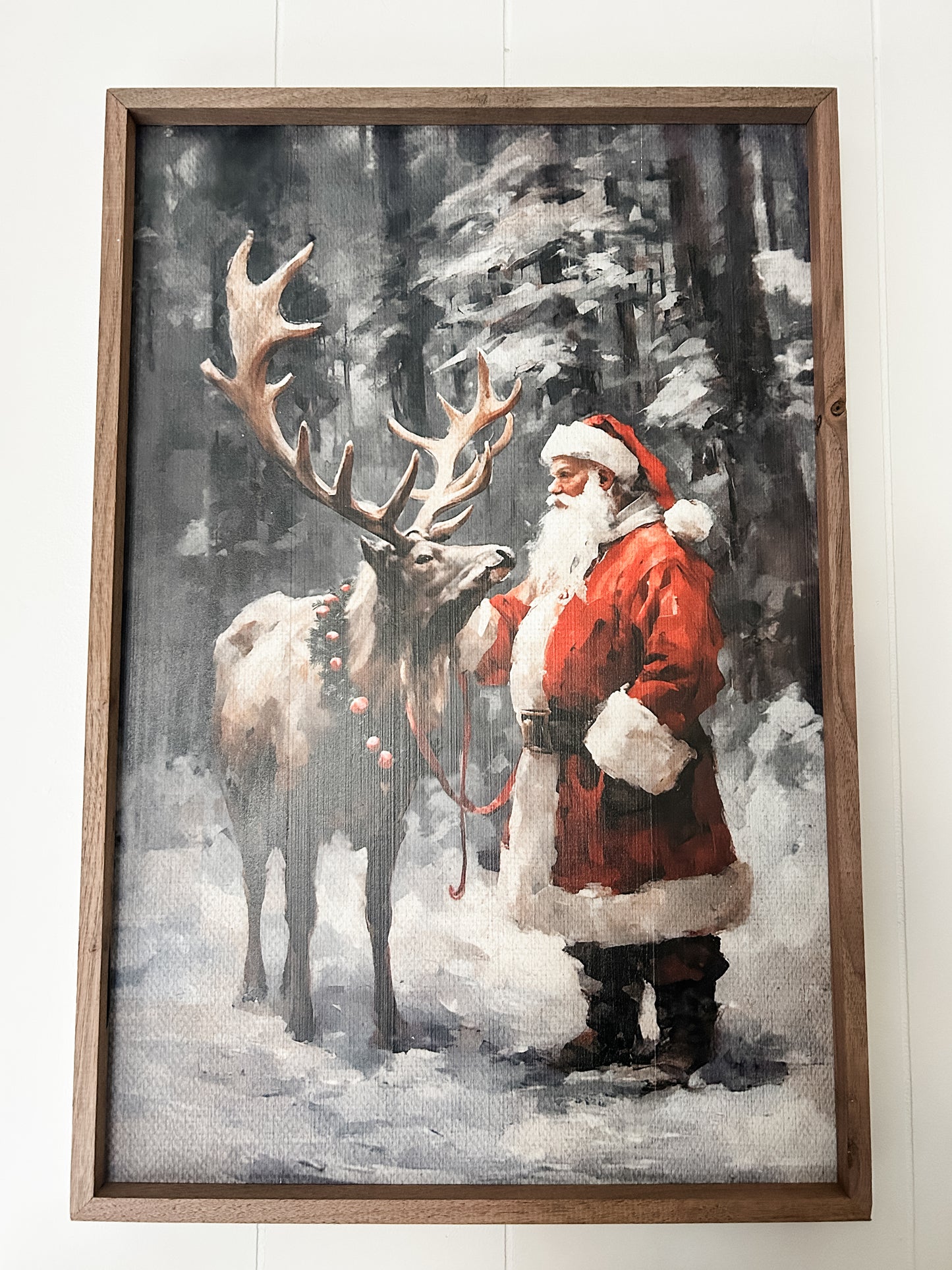 Santa & Reindeer Wood Art Print- 16" x 24"