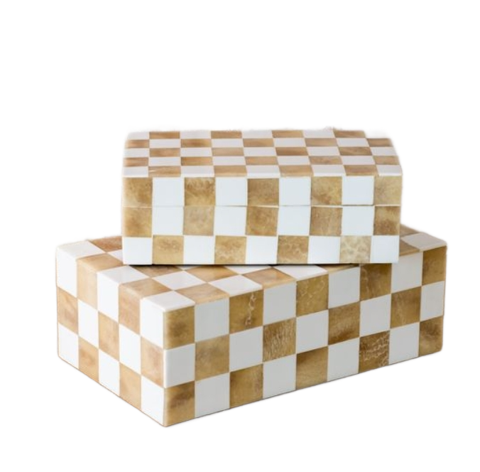 Checkered White & Wood Storage Boxes Assorted