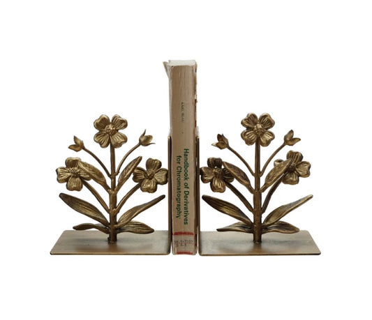 Gold Cast Iron Flower Bookend Set