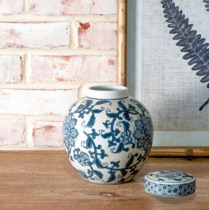 Round Blue Floral Ginger Jar