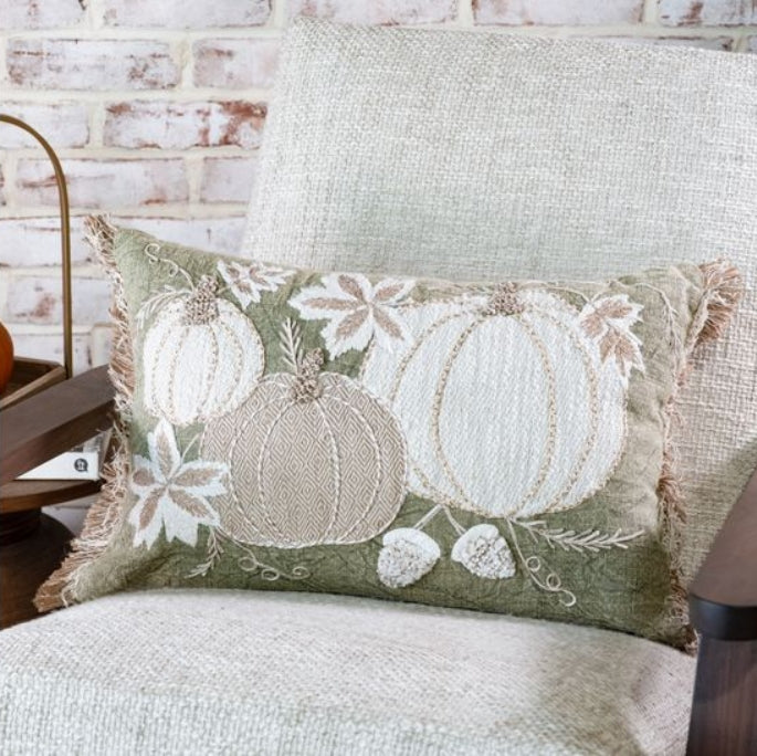 Green Embroidered Lumbar Pumpkin Pillow