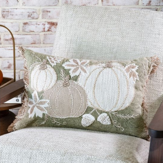 Green Embroidered Lumbar Pumpkin Pillow
