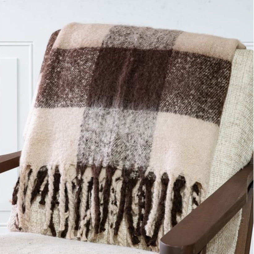 Faux Mohair Brown Plaid Throw Blanket