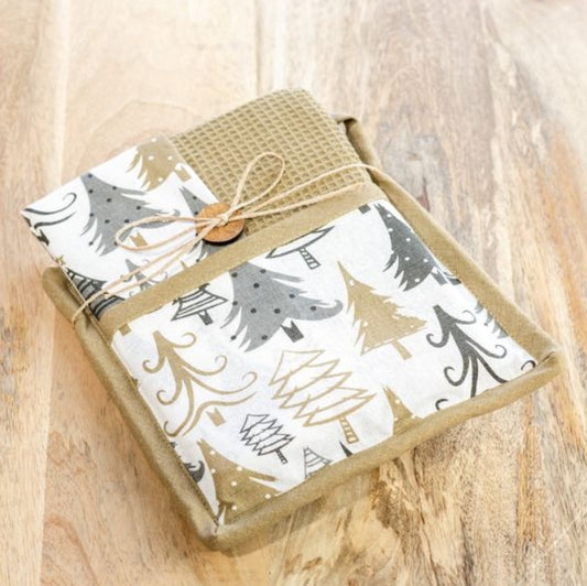 Gold & Silver Tree Tea Towel and Pot Holder Hostess Set